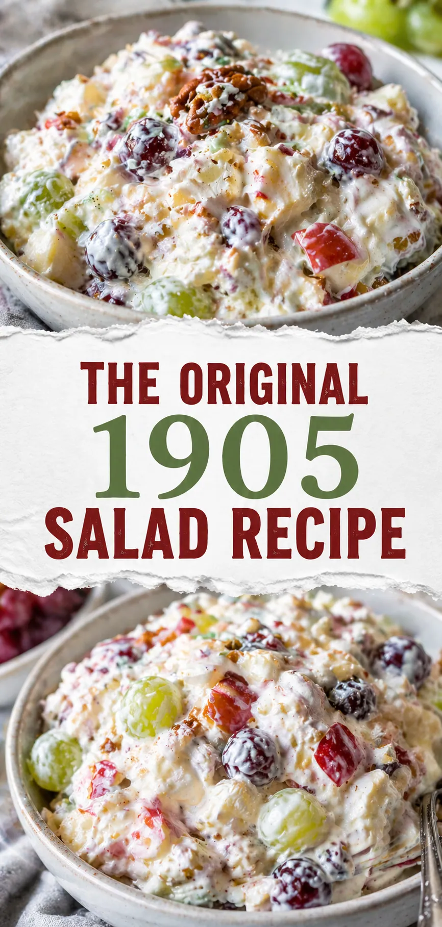 Pinterest image for The Original 1905 Salad Recipe (Easy), with two photos of the recipe