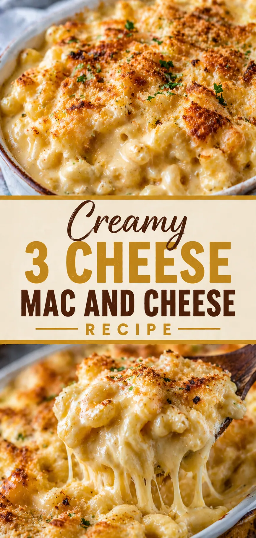 Pinterest image for Creamy 3 Cheese Mac And Cheese Recipe (Tasty and Easy), with two photos of the recipe