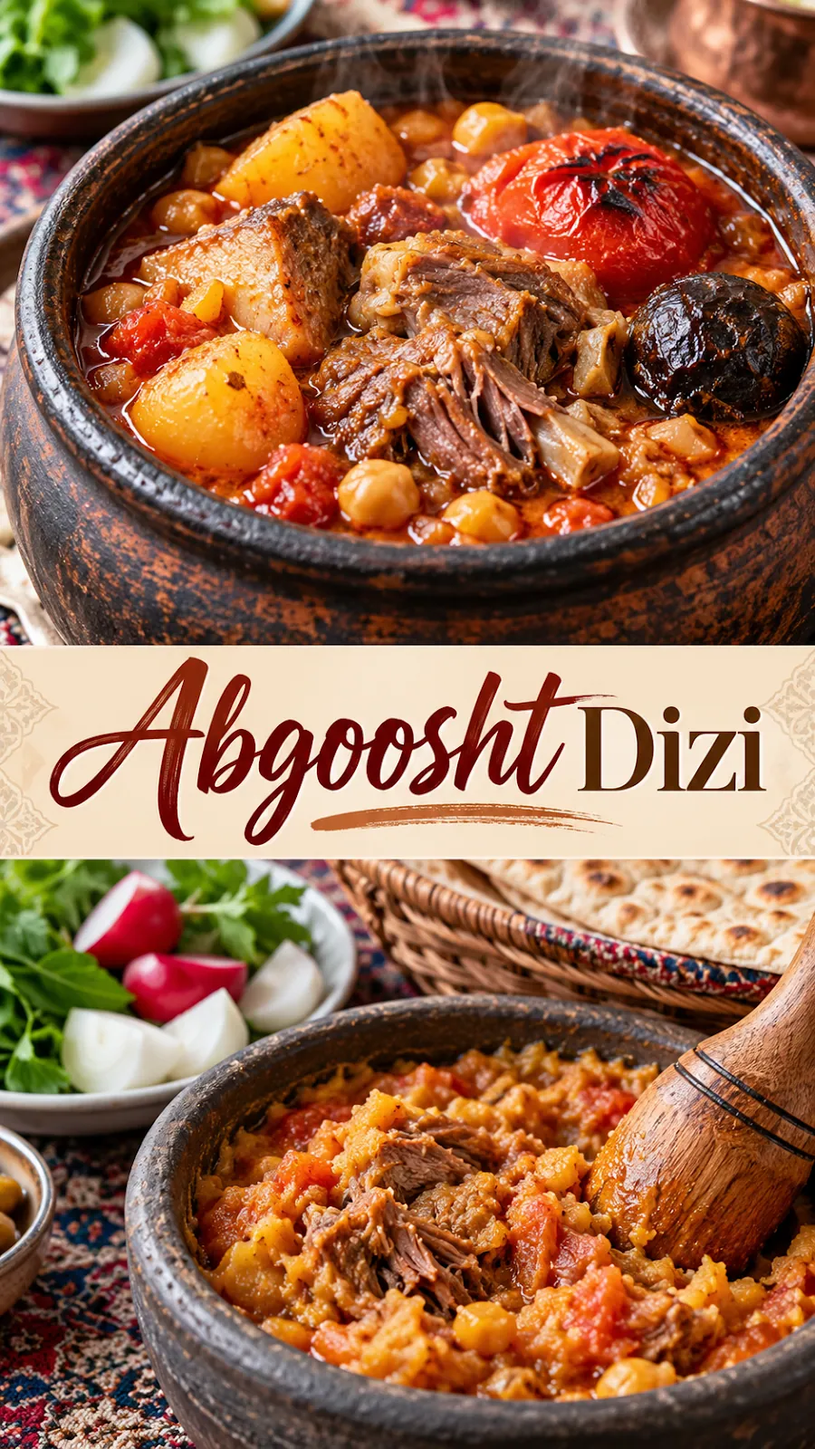Pinterest image for Abgoosht Dizi Recipe, with two photos of the recipe