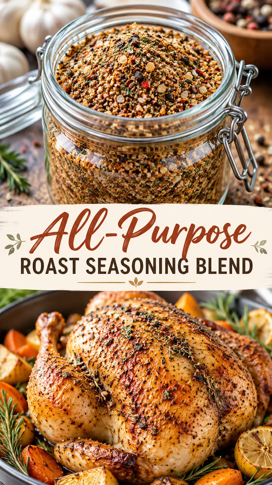 Pinterest image for All Purpose Roast Seasoning Blend Recipe, with two photos of the recipe