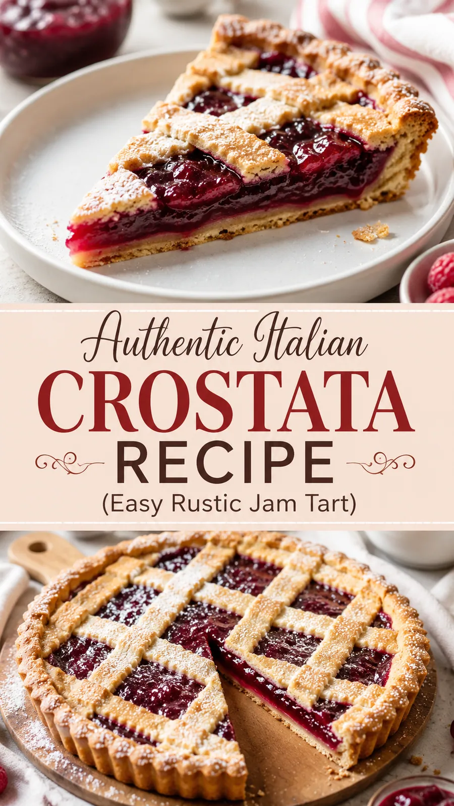 Pinterest image for Authentic Italian Crostata Recipe Easy Rustic Jam Tart, with two photos of the recipe