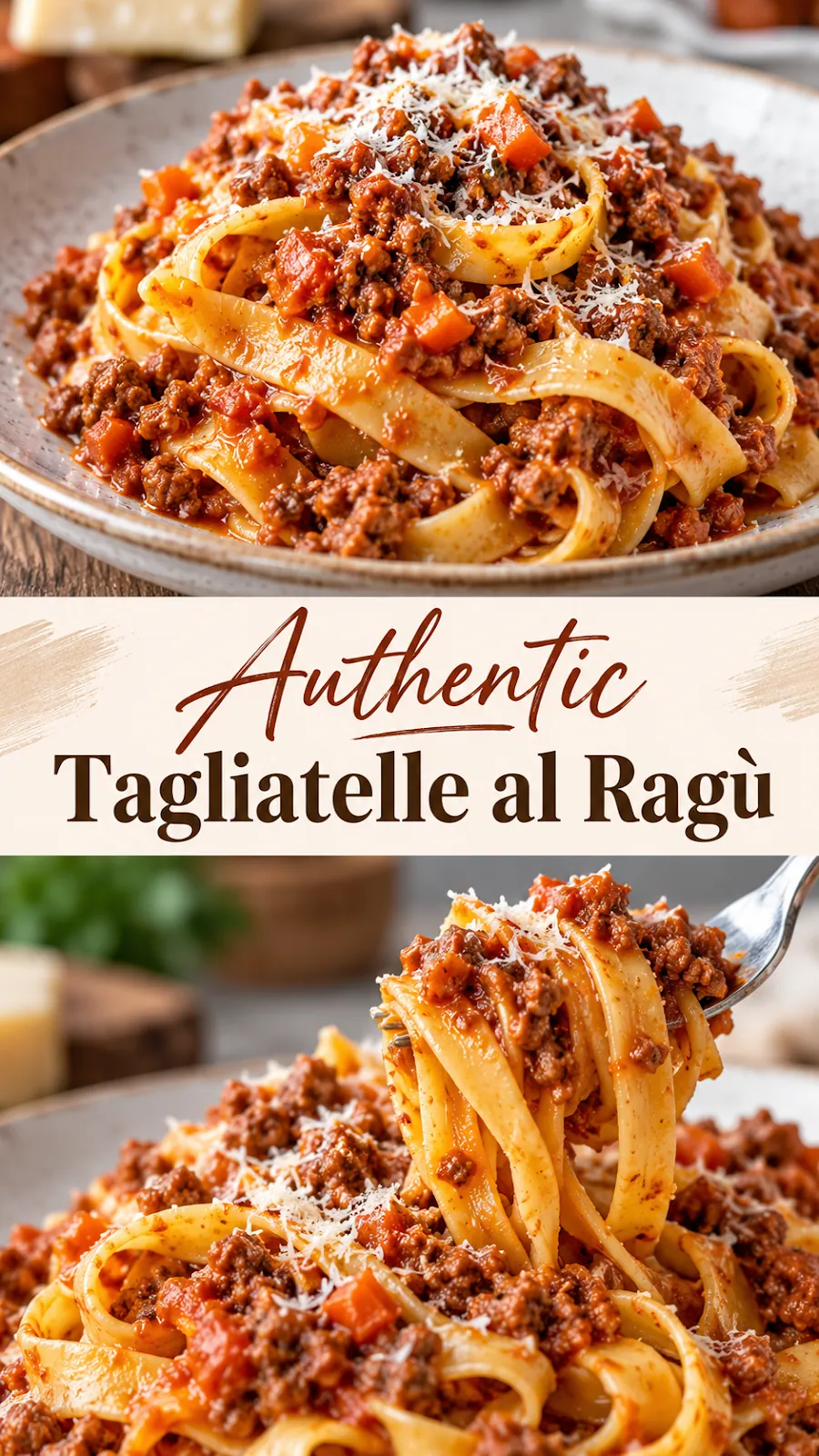 Pinterest image for Authentic Tagliatelle al Ragù Recipe, with two photos of the recipe