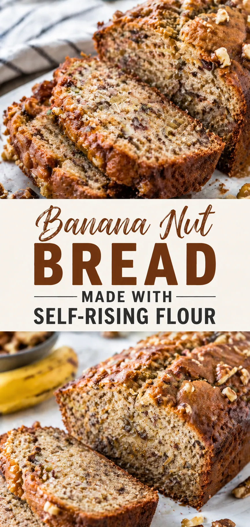 Pinterest image for Banana Nut Bread Self Rising Flour Recipe, with two photos of the recipe