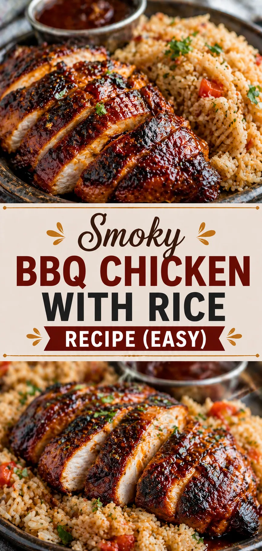 Pinterest image for Smoky Bbq Chicken With Rice Recipe (Easy), with two photos of the recipe
