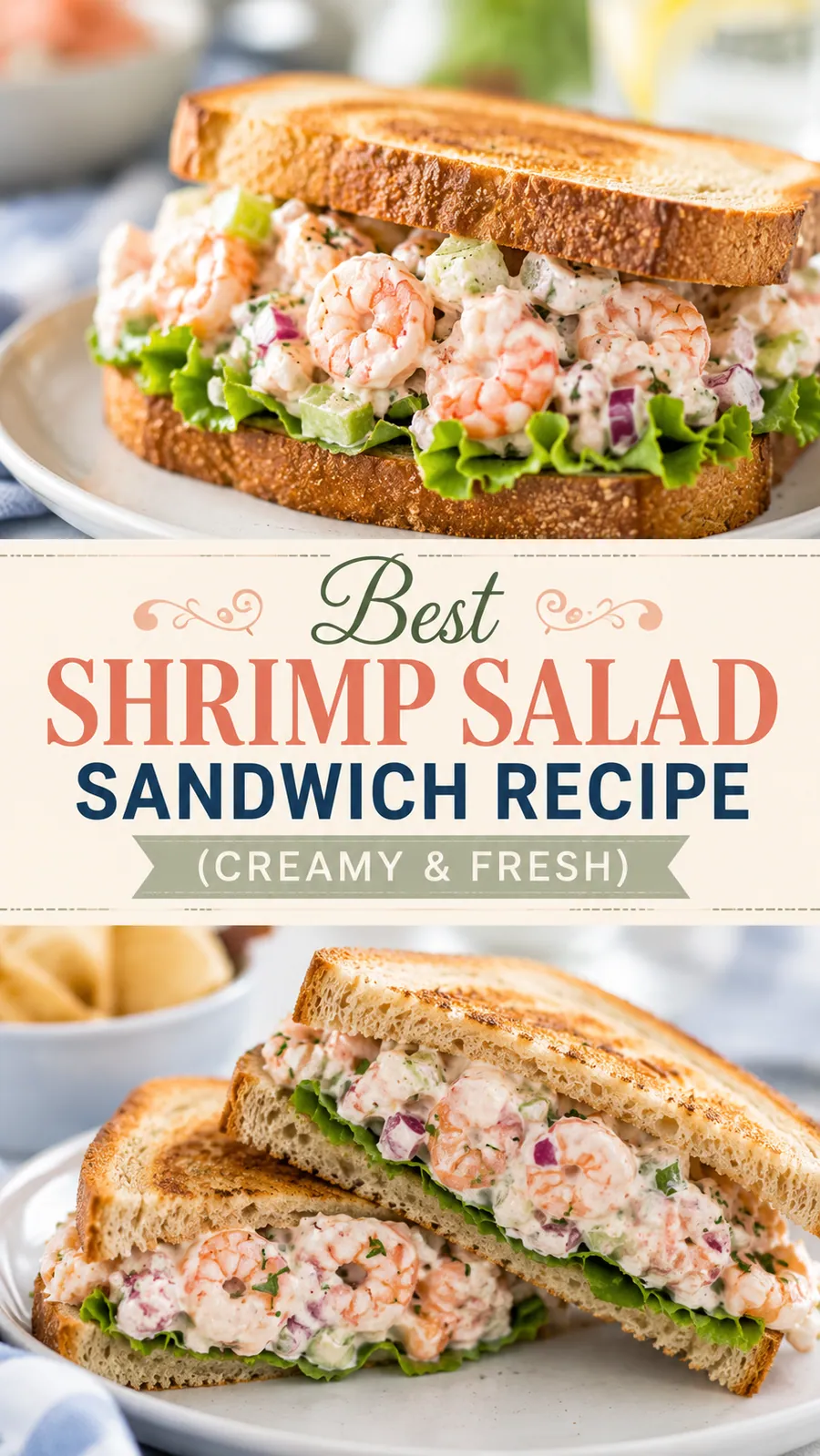 Pinterest image for Best Shrimp Salad Sandwich Recipe Creamy And Fresh, with two photos of the recipe