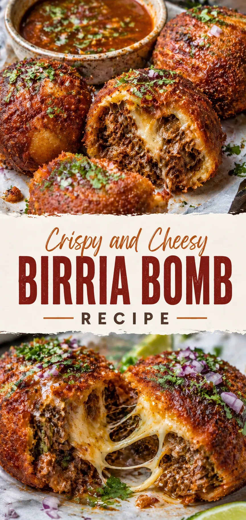 Pinterest image for Crispy and Cheesy Birria Bomb Recipe, with two photos of the recipe
