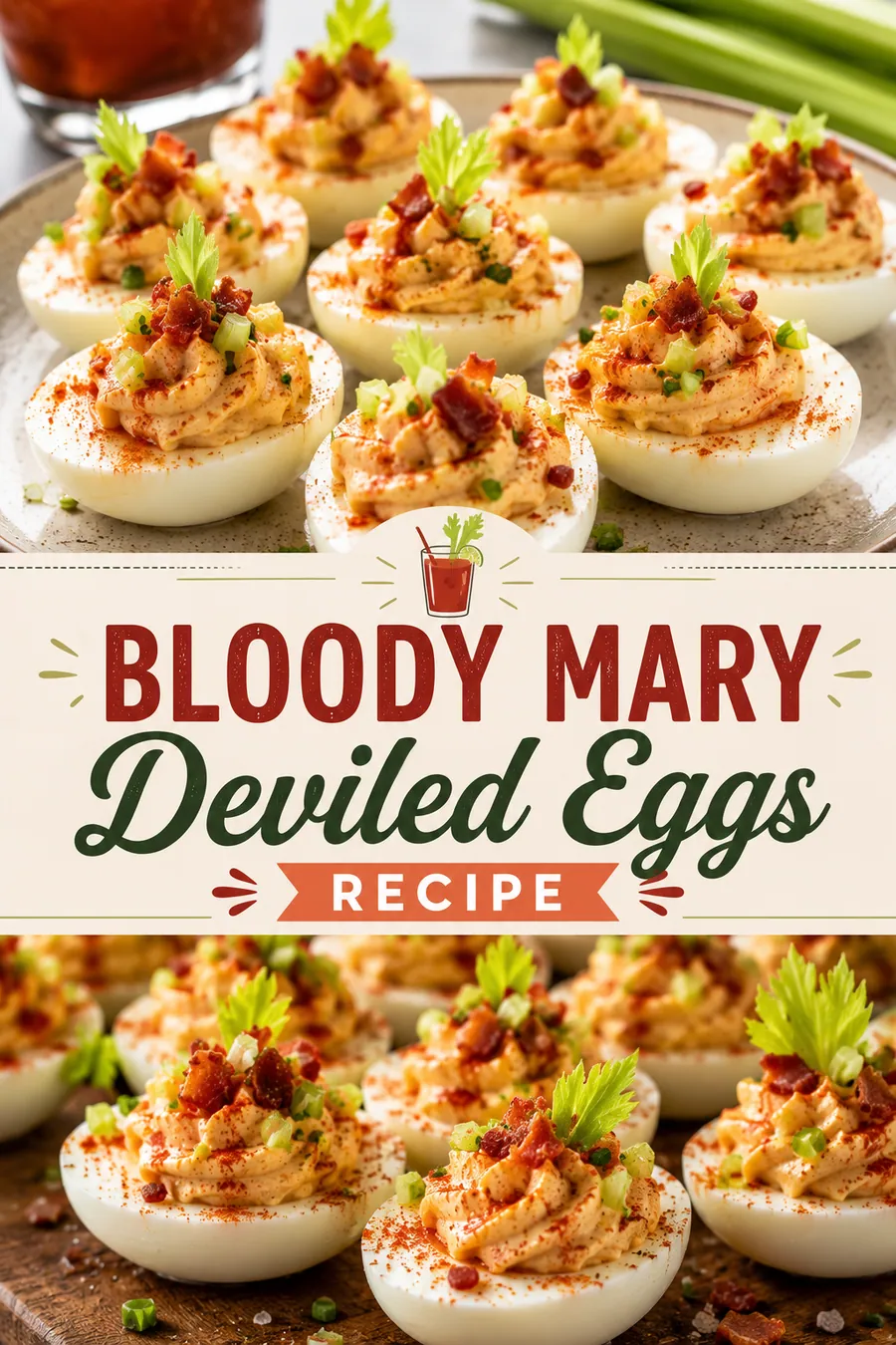 Pinterest image for Bloody Mary Deviled Eggs Recipe, with two photos of the recipe