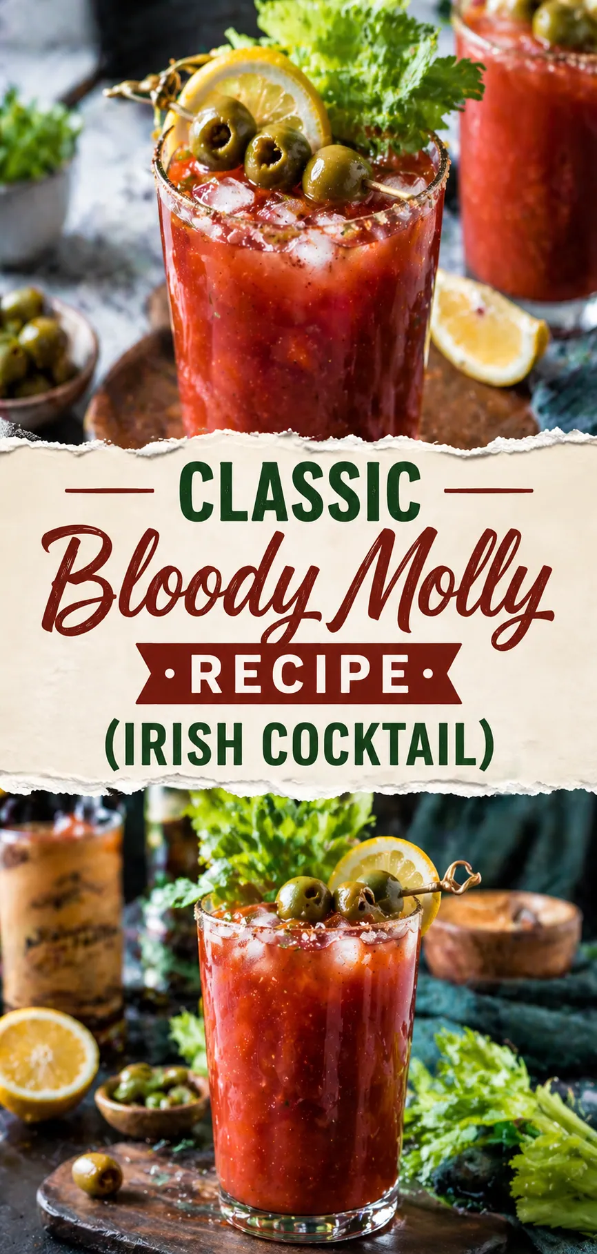 Pinterest image for Classic Bloody Molly Recipe (Irish Cocktail), with two photos of the recipe