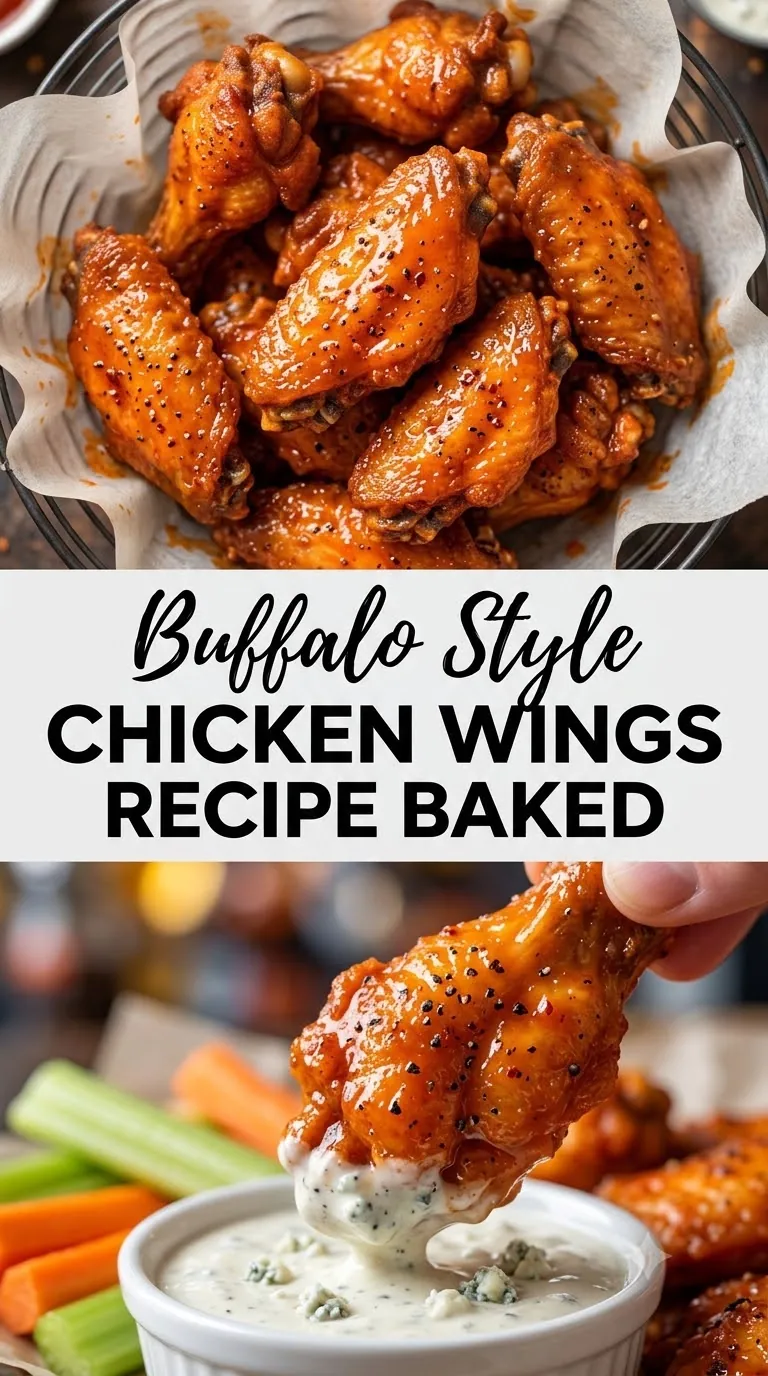Pinterest image for Buffalo Style Chicken Wings Recipe Baked, with two photos of the recipe