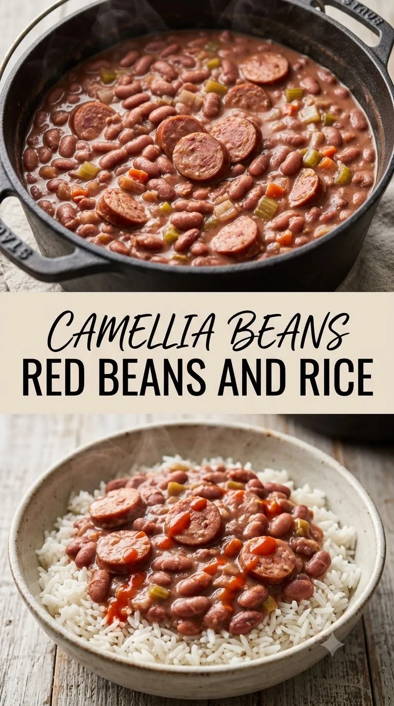 Pinterest image for Camellia Beans Red Beans And Rice Recipe, with two photos of the recipe
