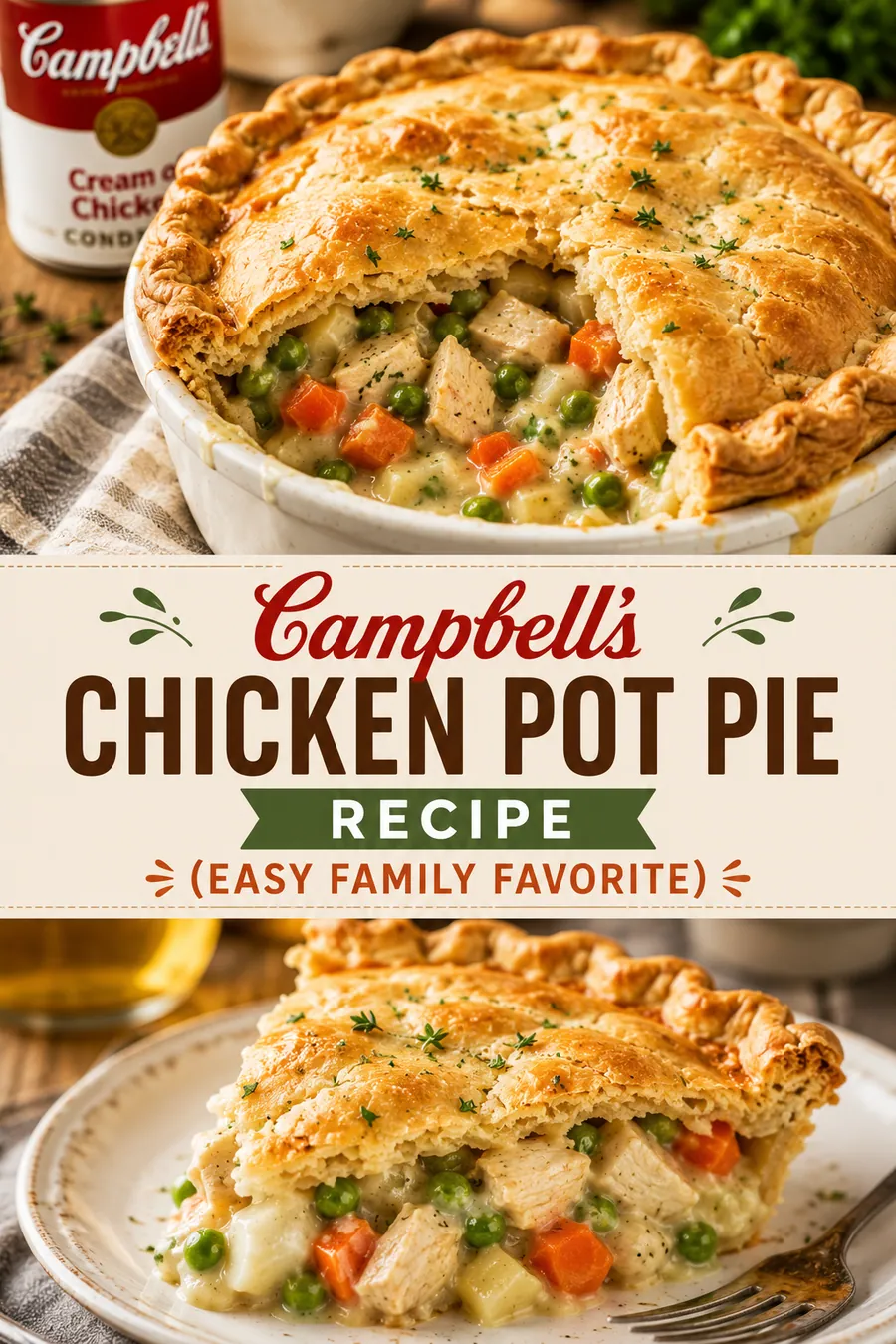 Pinterest image for Campbell's Chicken Pot Pie Recipe (Easy Family Favorite), with two photos of the recipe