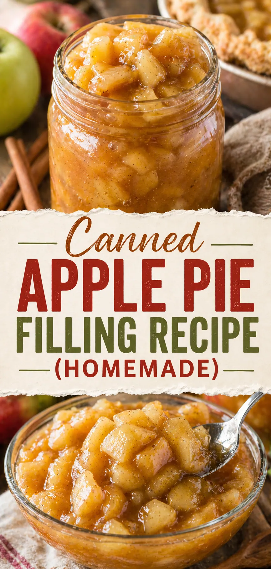 Pinterest image for Canned Apple Pie Filling Recipe (Homemade), with two photos of the recipe