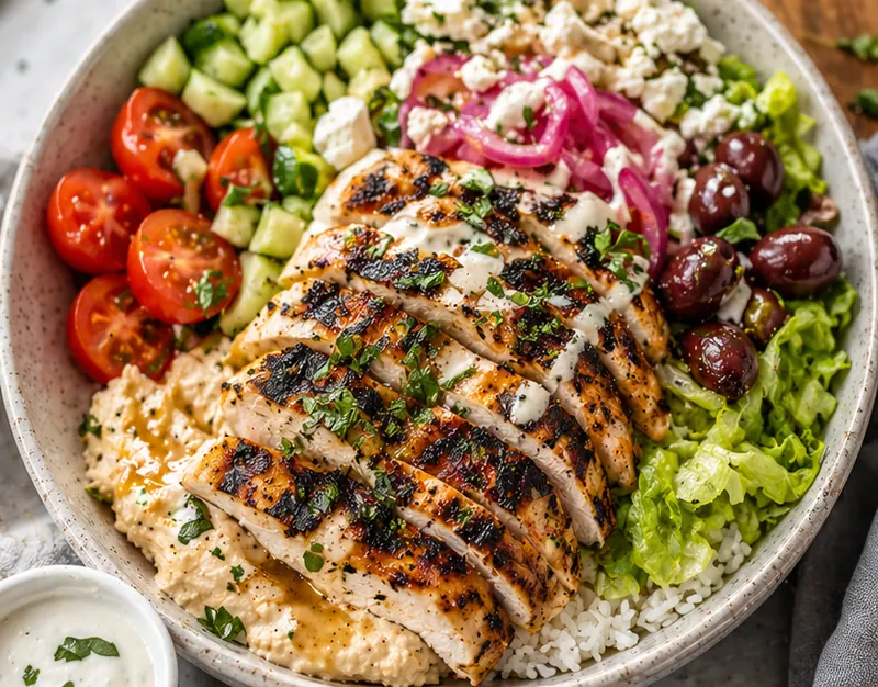 CAVA-Style Grilled Chicken with Authentic Mediterranean Flavor, ready to serve