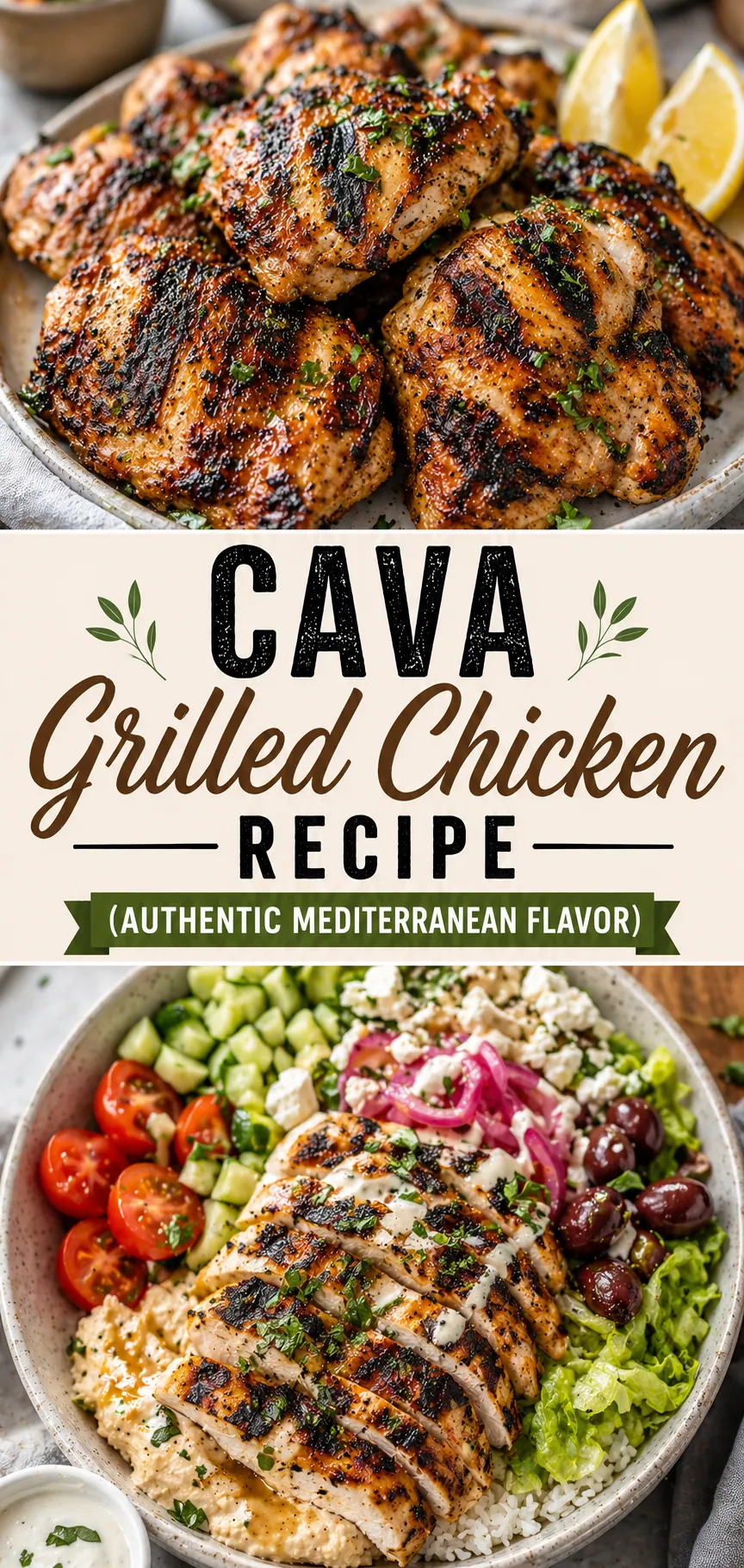 Pinterest image for Cava Grilled Chicken Recipe (Authentic Mediterranean Flavor), with two photos of the recipe