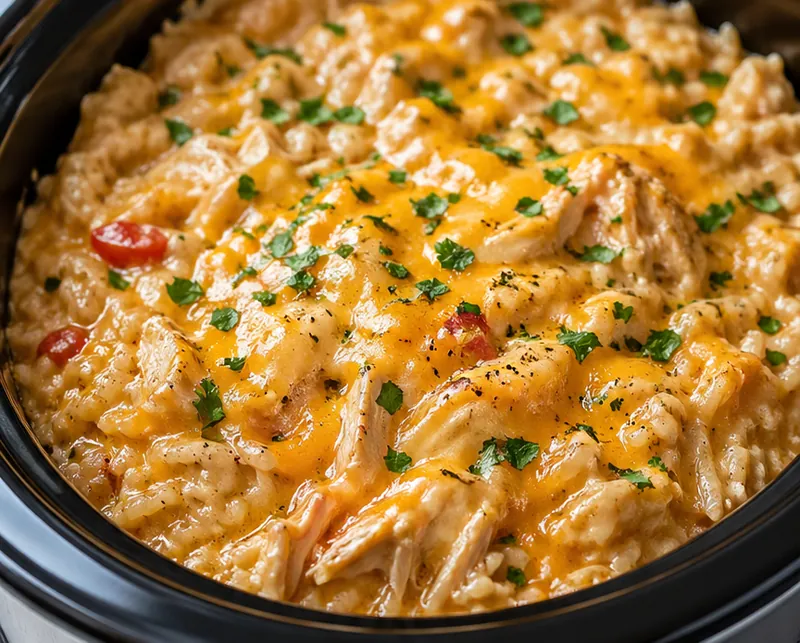 Cheesy Chicken and Rice Crockpot, ready to serve