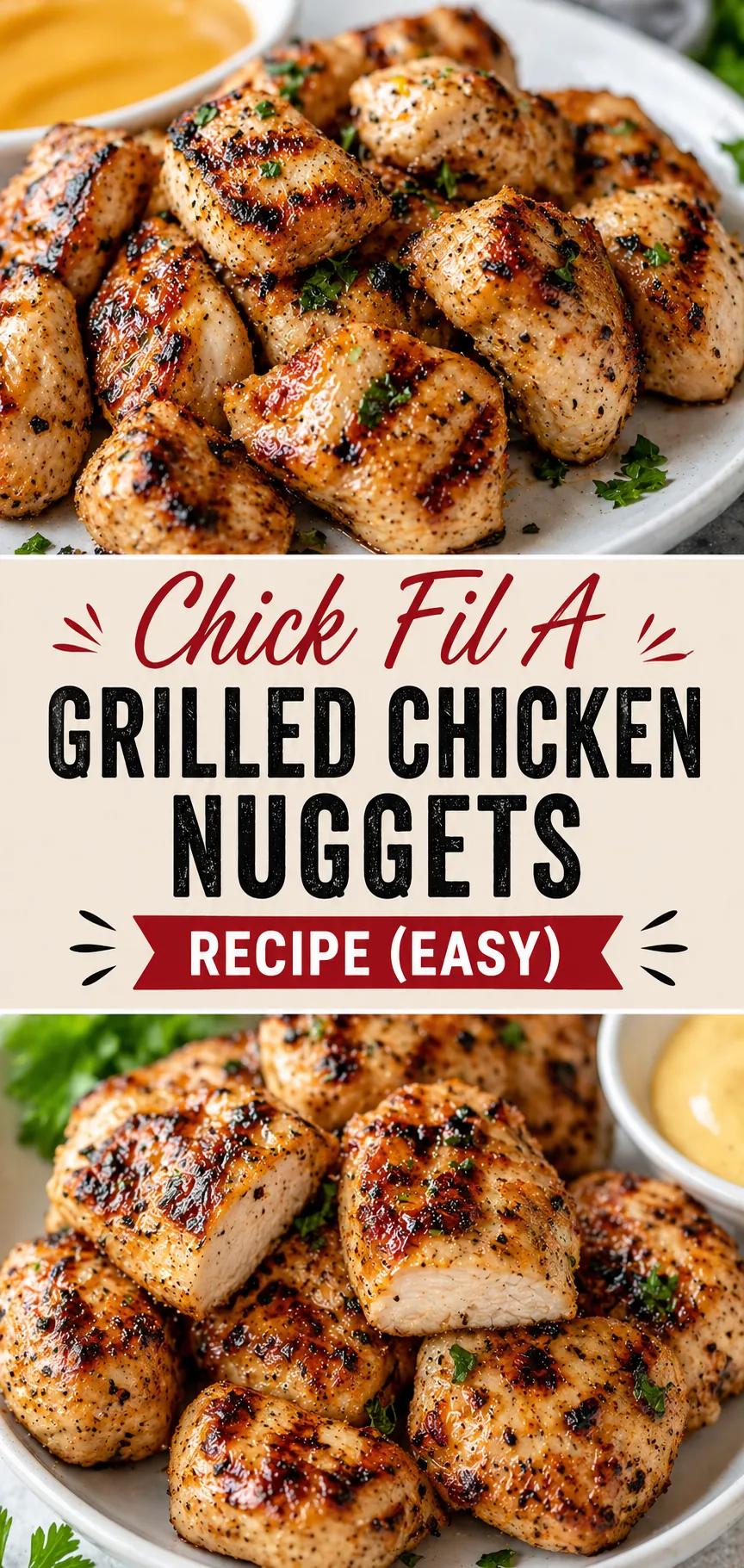 Pinterest image for Chick Fil A Grilled Chicken Nuggets Recipe (Easy), with two photos of the recipe
