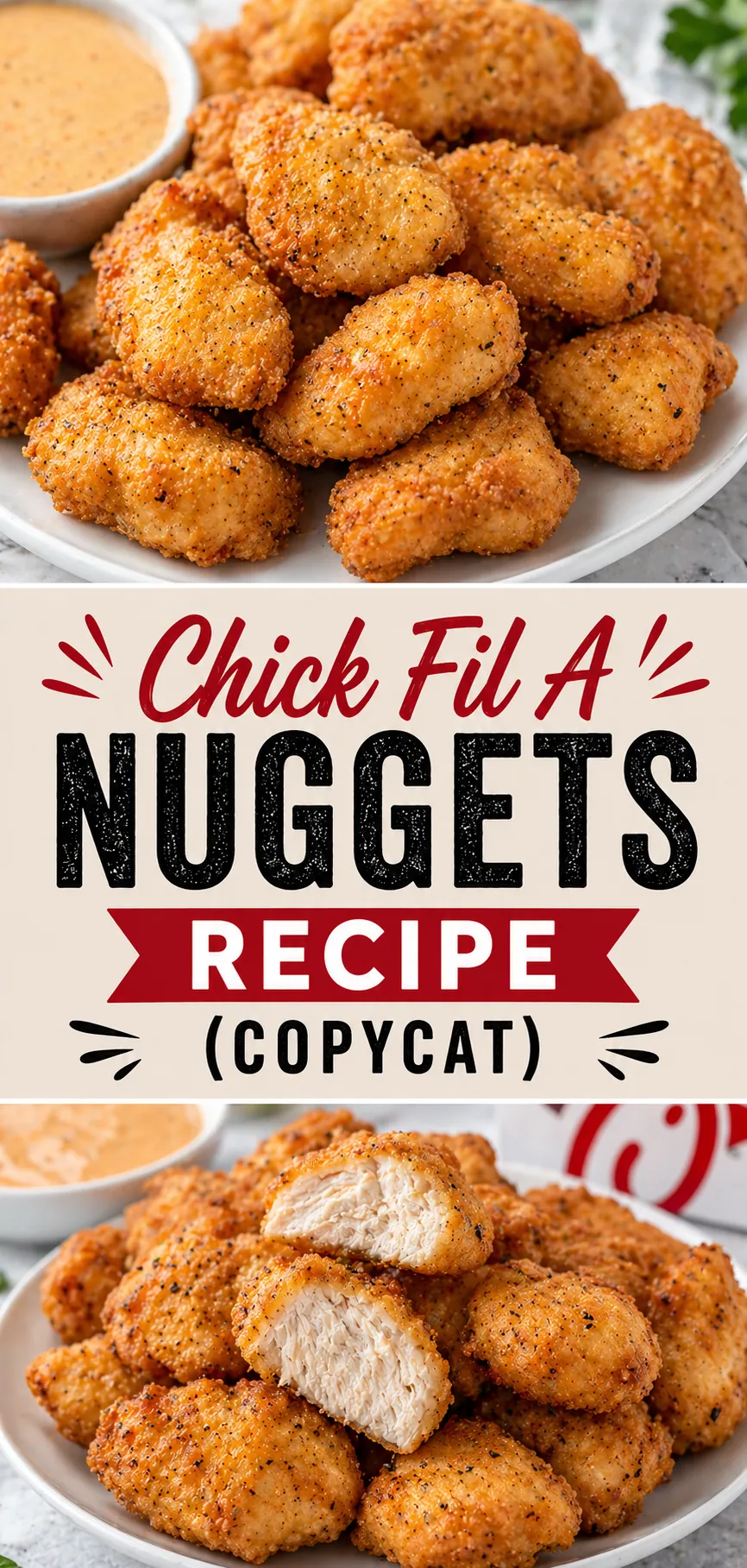 Pinterest image for Chick Fil A Nuggets Recipe (Copycat), with two photos of the recipe
