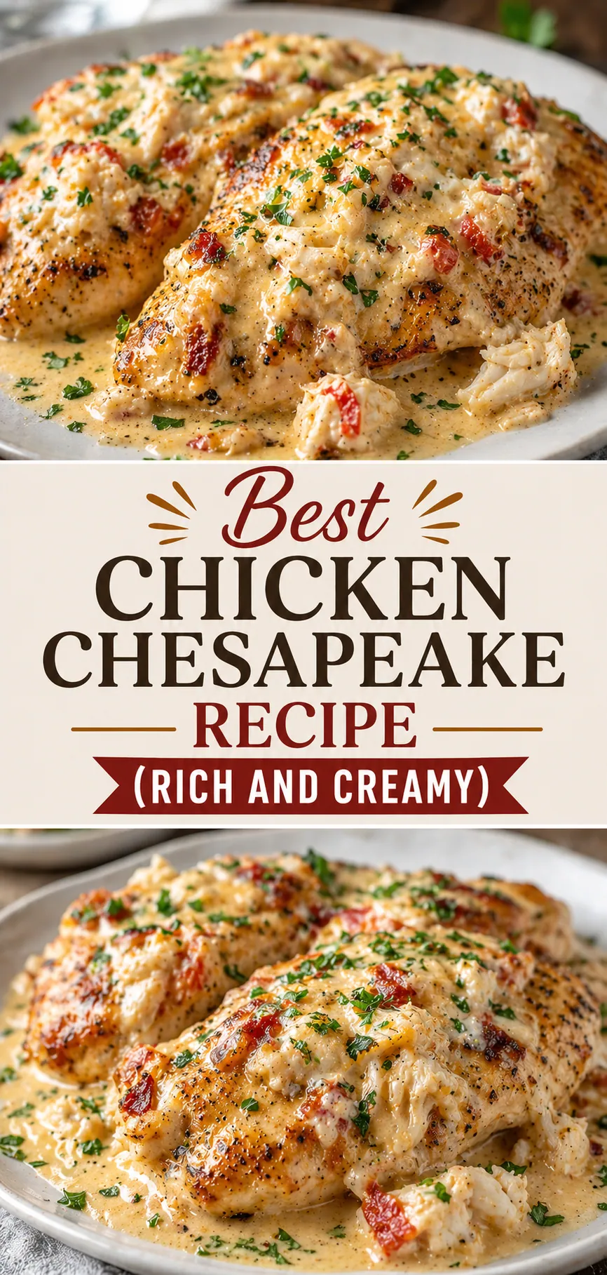Pinterest image for Best Chicken Chesapeake Recipe (Rich and Creamy), with two photos of the recipe