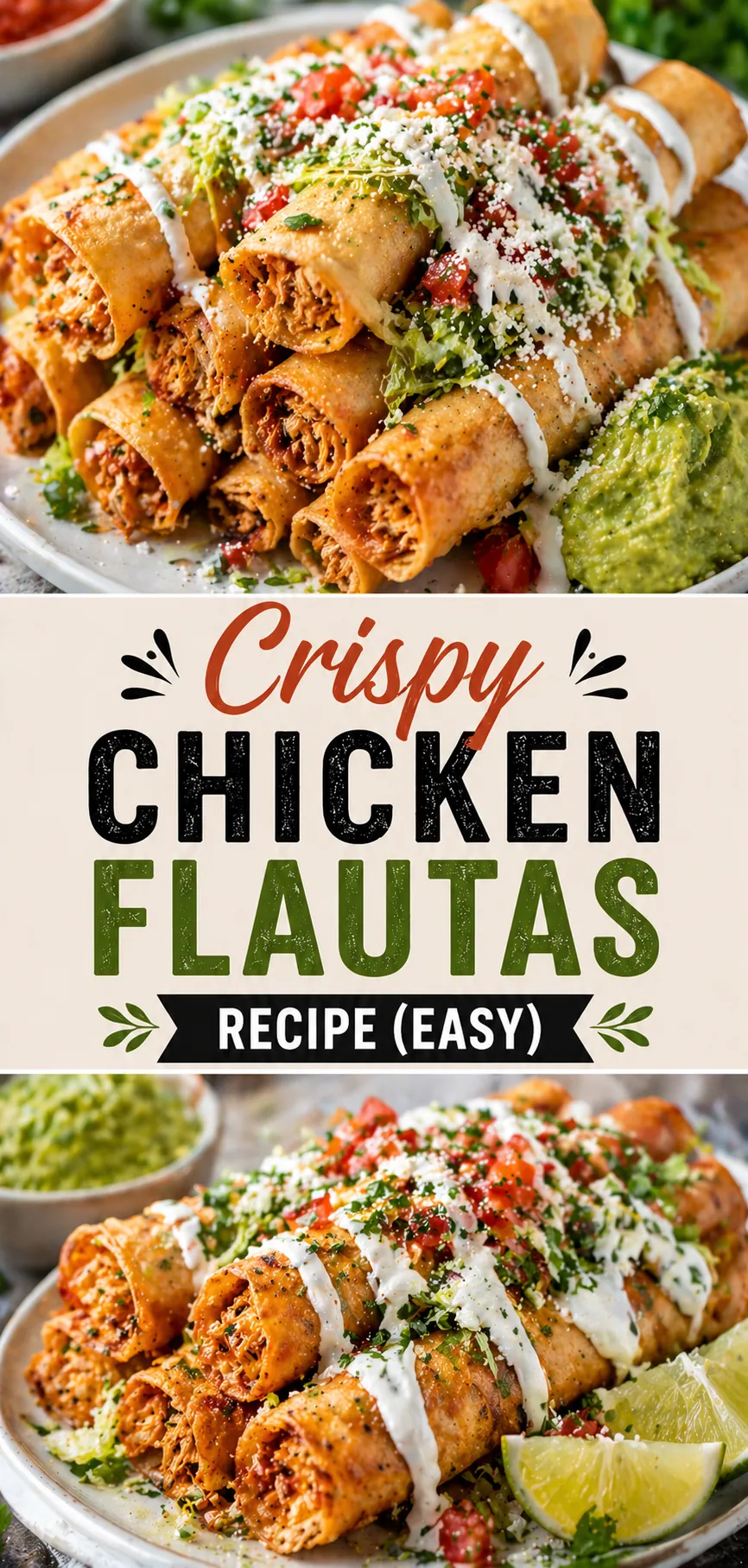 Pinterest image for Crispy Chicken Flautas Recipe (Easy), with two photos of the recipe