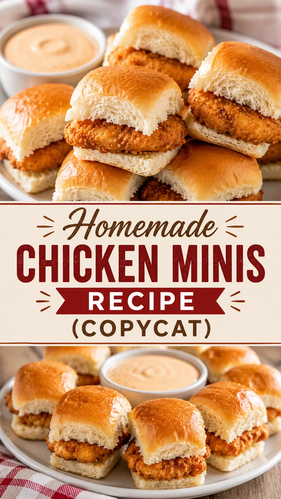 Pinterest image for Homemade Chicken Minis Recipe (Copycat), with two photos of the recipe