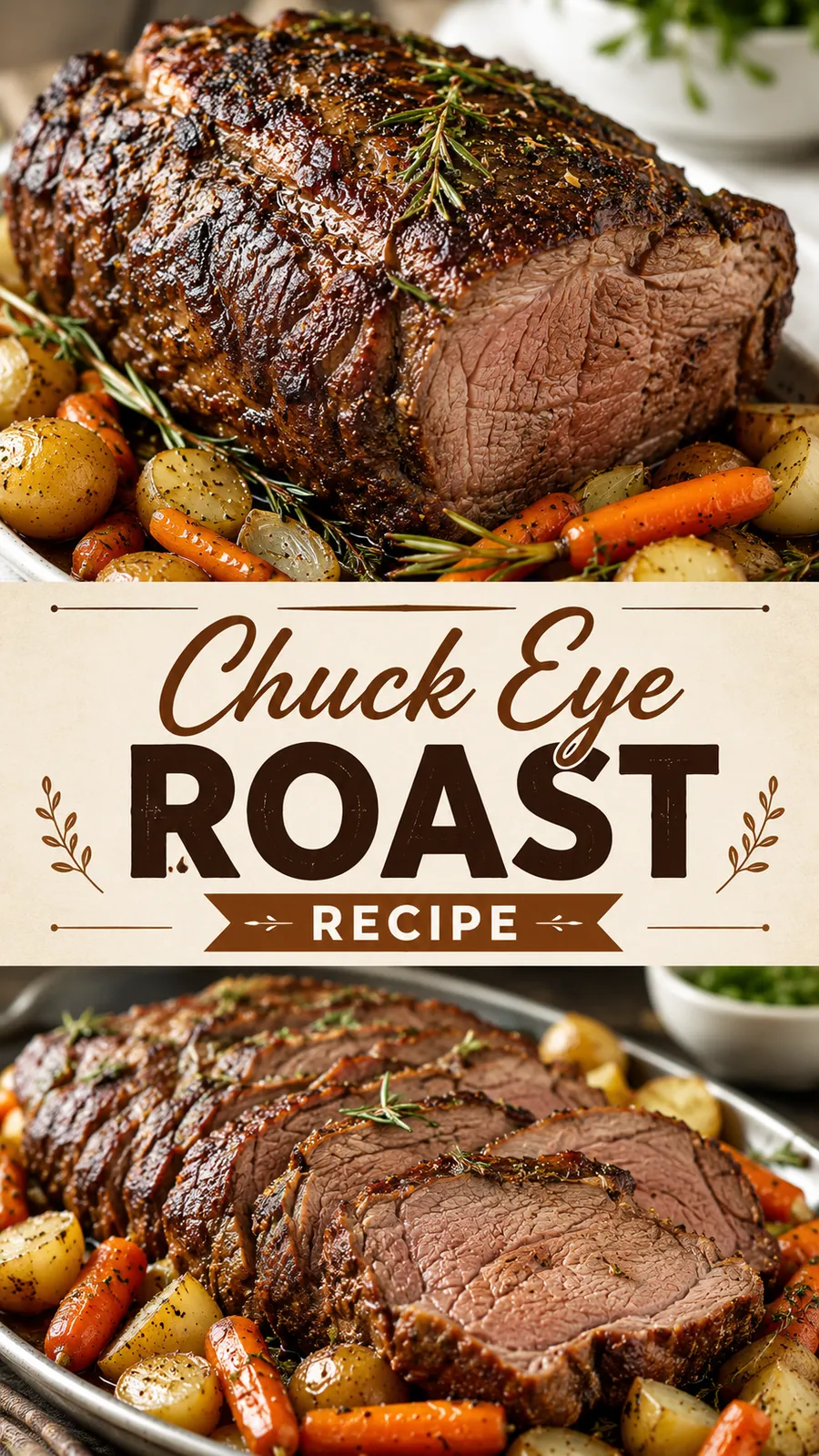 Pinterest image for Chuck Eye Roast Recipe, with two photos of the recipe