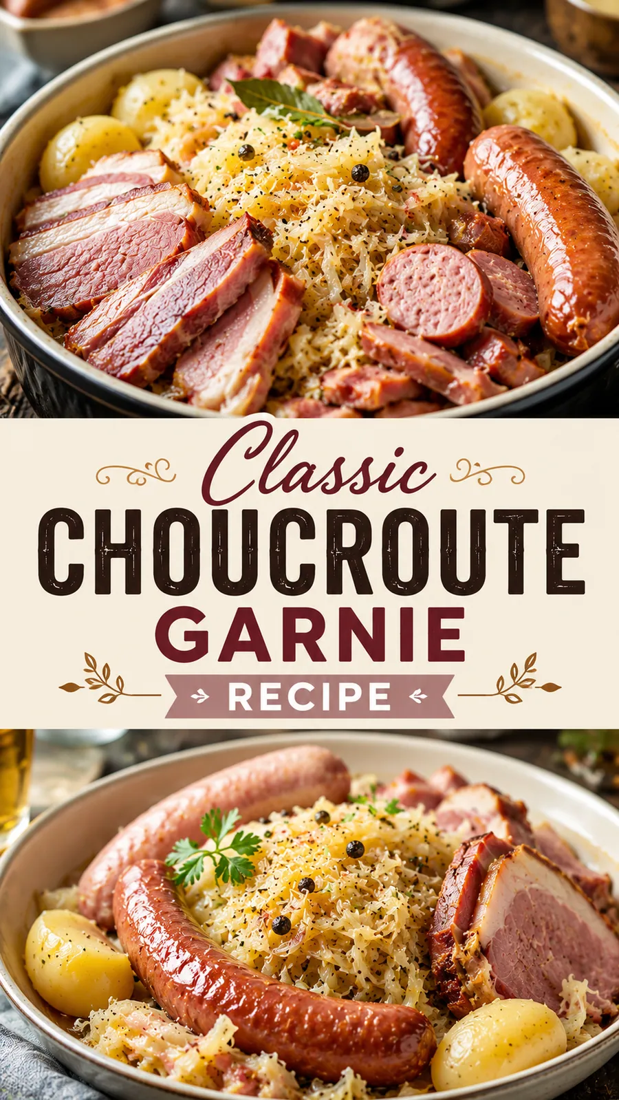 Pinterest image for Classic Choucroute Garnie Recipe, with two photos of the recipe