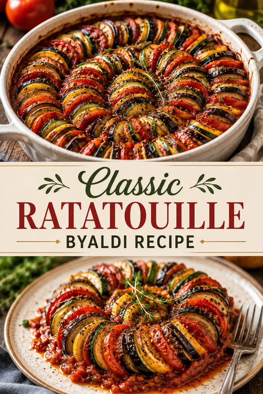 Pinterest image for Classic Ratatouille Byaldi Recipe, with two photos of the recipe