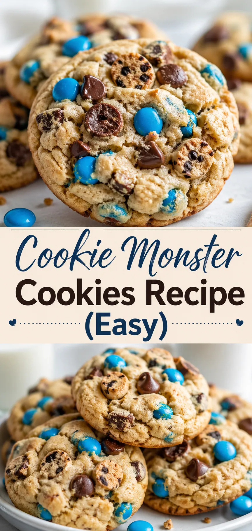 Pinterest image for Cookie Monster Cookies Recipe (Easy), with two photos of the recipe