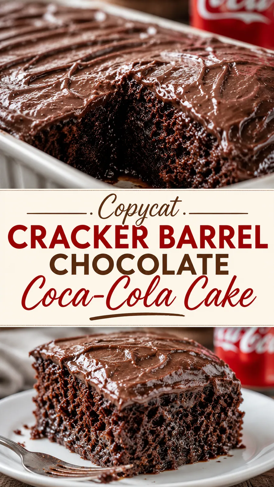 Pinterest image for Copycat Cracker Barrel Chocolate Coca Cola Cake, with two photos of the recipe