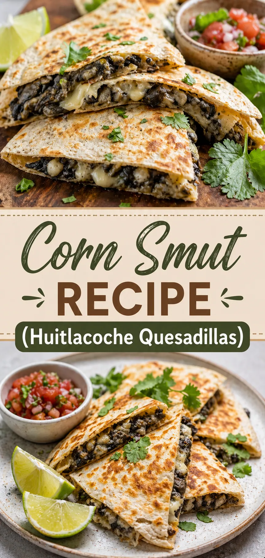 Pinterest image for Corn Smut Recipe (Huitlacoche Quesadillas), with two photos of the recipe