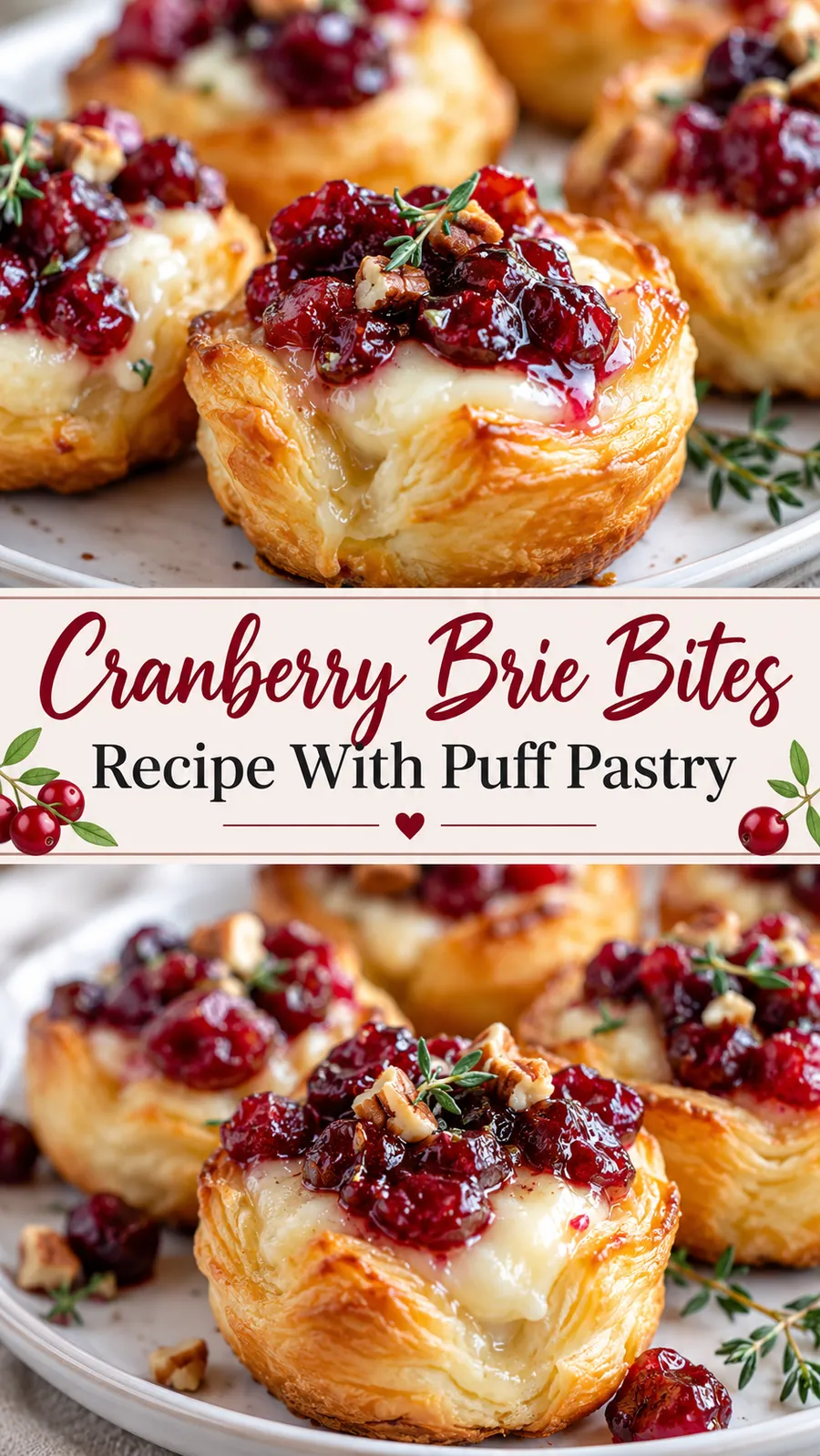 Pinterest image for Cranberry Brie Bites Recipe With Puff Pastry, with two photos of the recipe