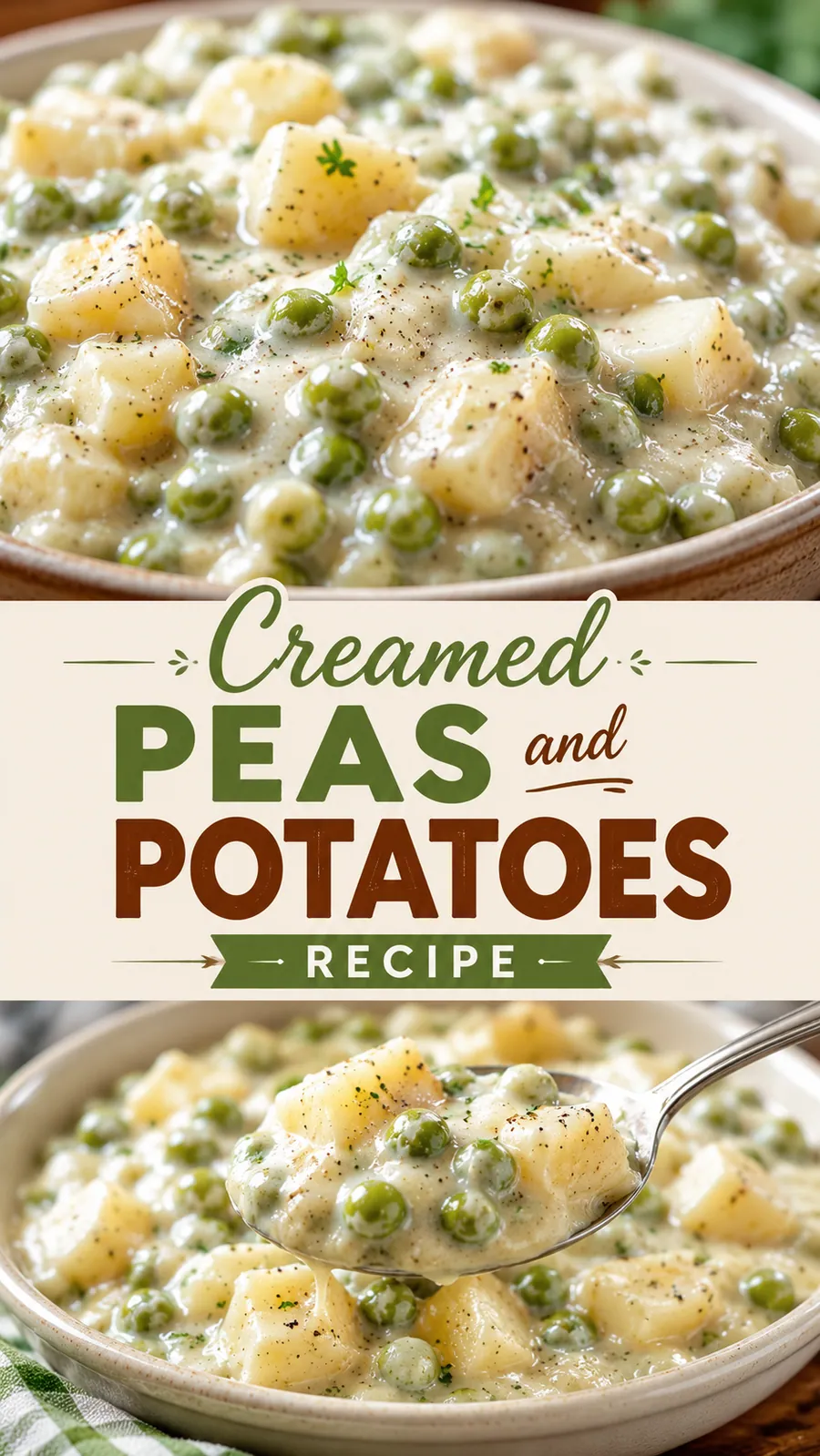 Pinterest image for Creamed Peas And Potatoes Recipe, with two photos of the recipe