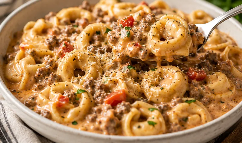 Creamy Beef Tortellini Pasta Recipe (30-Minute Meal), ready to serve