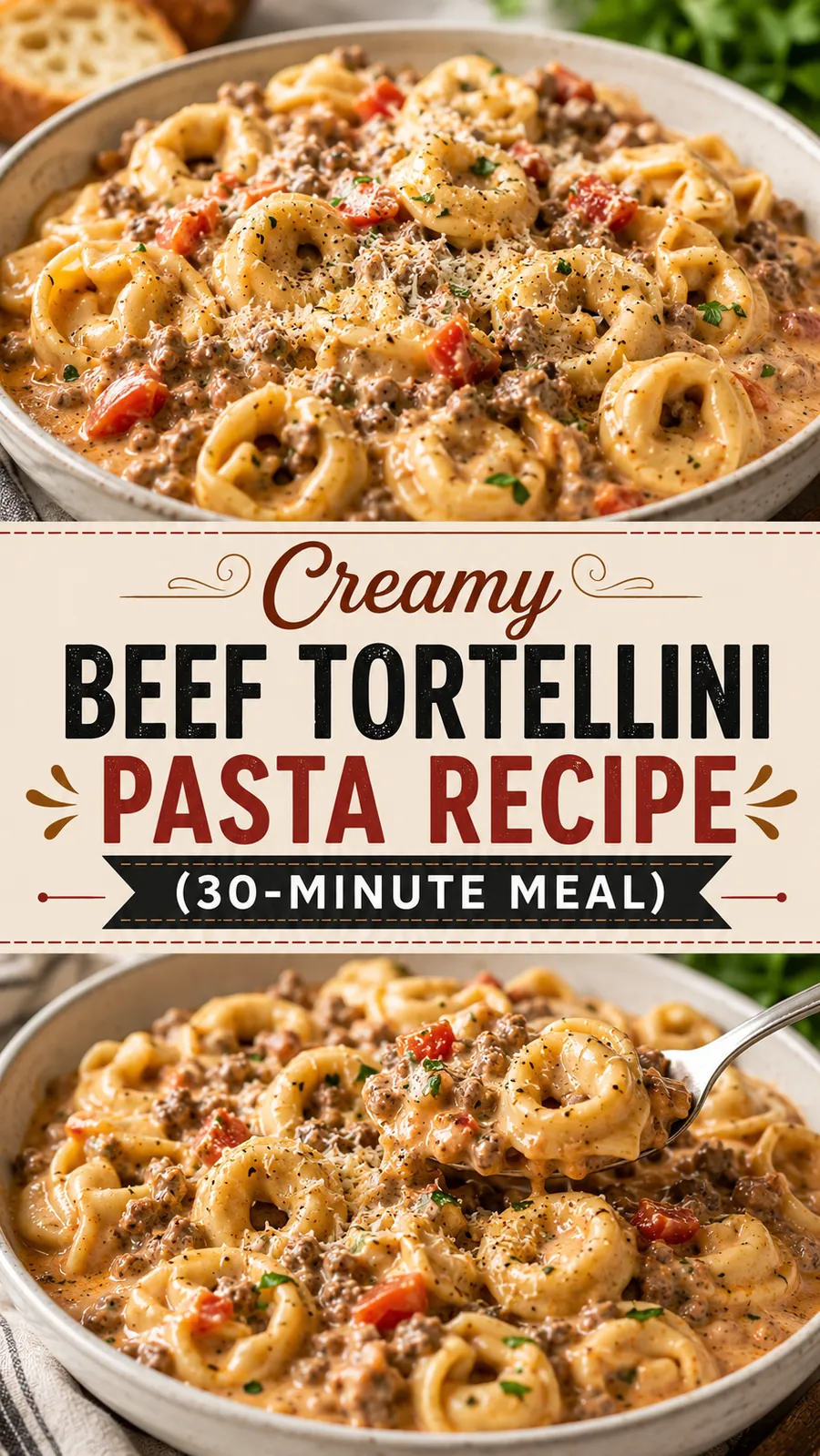 Pinterest image for Creamy Beef Tortellini Pasta Recipe 30 Minute Meal, with two photos of the recipe