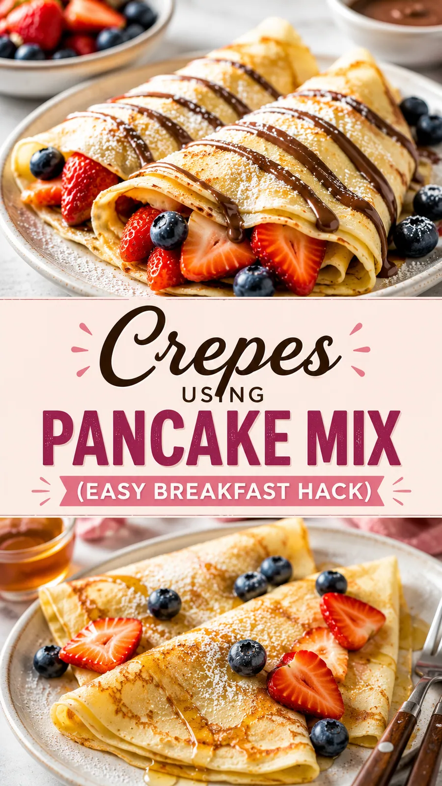 Pinterest image for Crepes Using Pancake Mix Easy Breakfast Hack, with two photos of the recipe