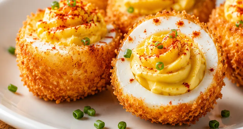Crispy Deep Fried Deviled Eggs, ready to serve