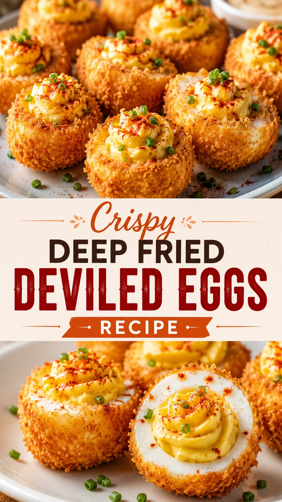 Pinterest image for Crispy Deep Fried Deviled Eggs Recipe, with two photos of the recipe