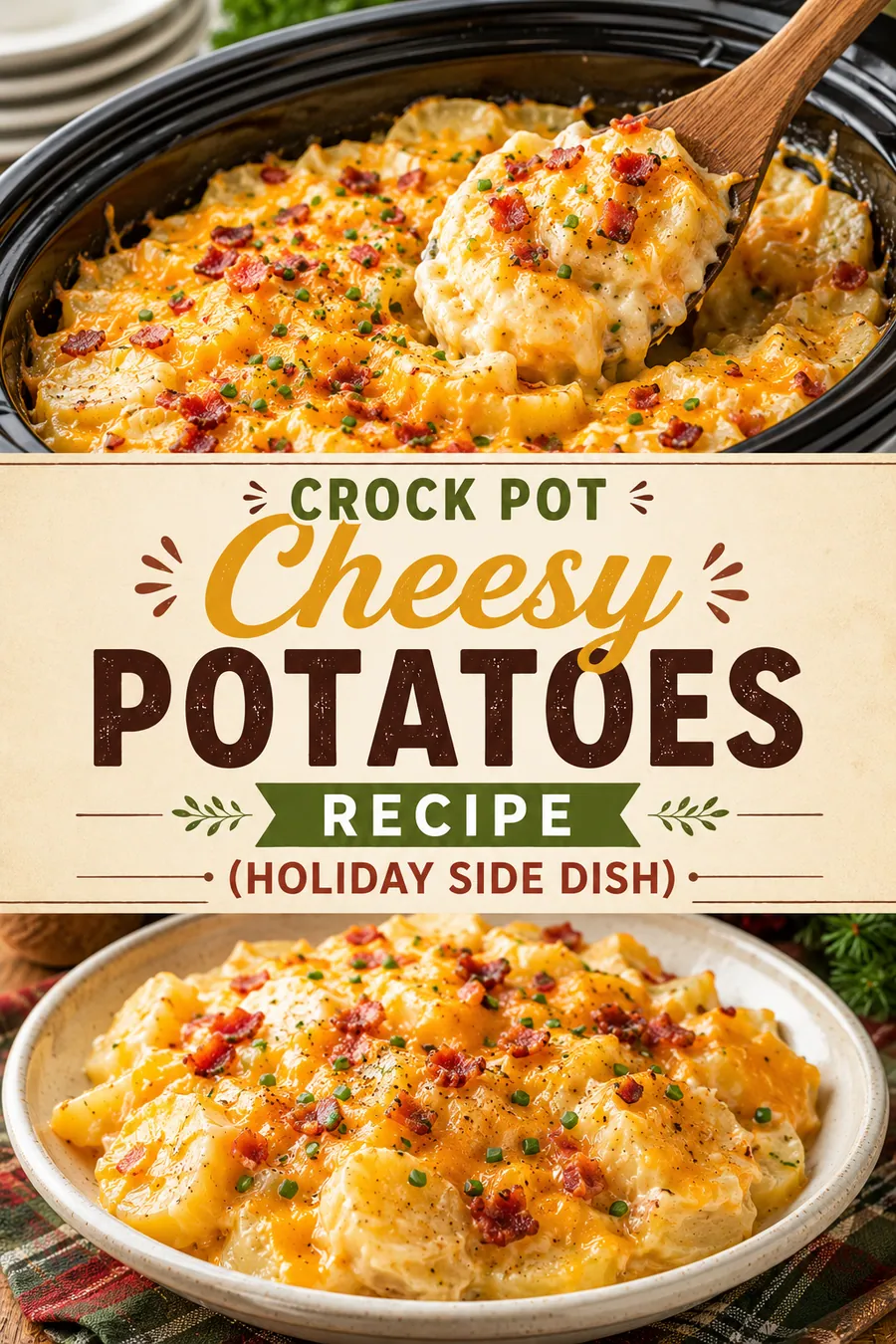 Pinterest image for Crock Pot Cheesy Potatoes Recipe Holiday Side Dish, with two photos of the recipe