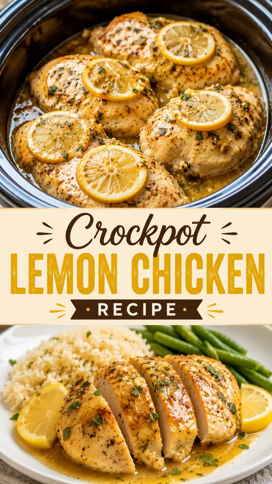 Pinterest image for Crockpot Lemon Chicken Recipe, with two photos of the recipe