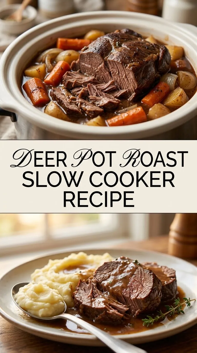 Pinterest image for Deer Pot Roast Slow Cooker Recipe, with two photos of the recipe
