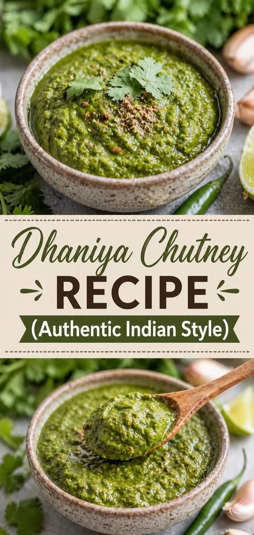 Pinterest image for Dhaniya Chutney Recipe (Authentic Indian Style), with two photos of the recipe