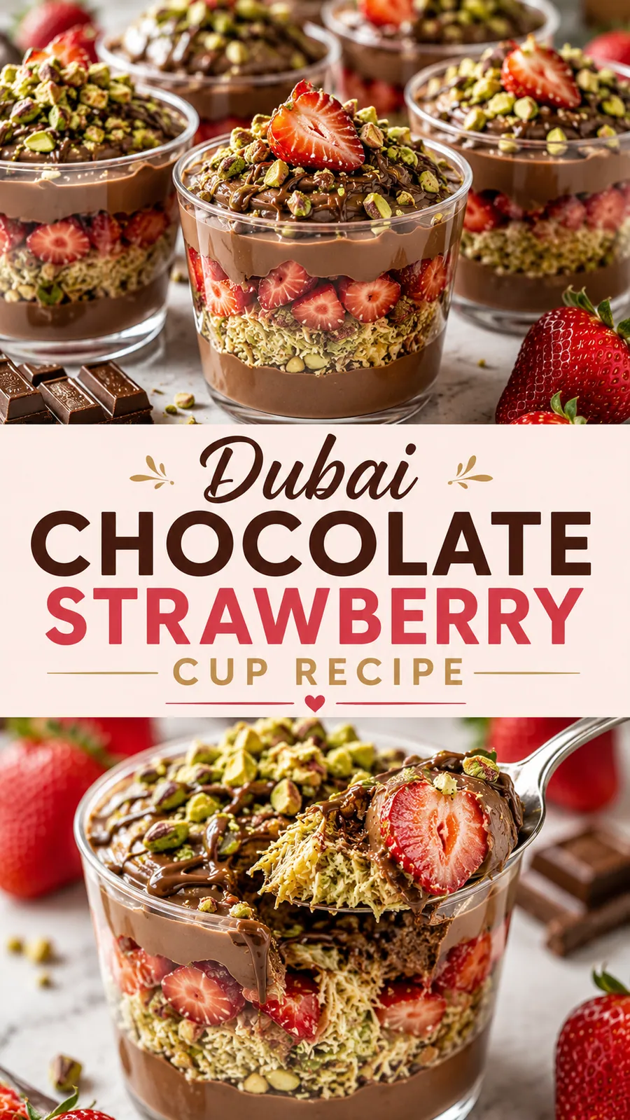 Pinterest image for Dubai Chocolate Strawberry Cup Recipe, with two photos of the recipe
