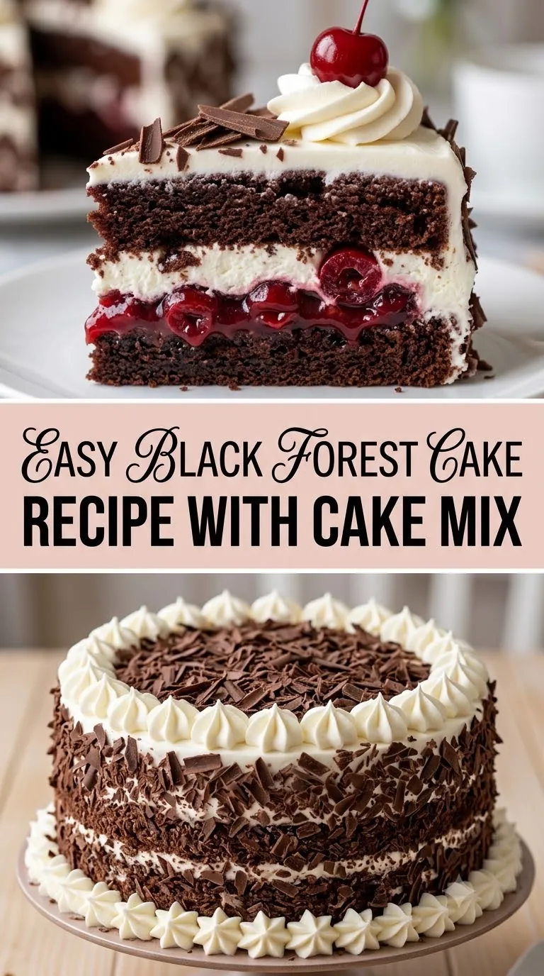 Pinterest image for Easy Black Forest Cake Recipe With Cake Mix, with two photos of the recipe