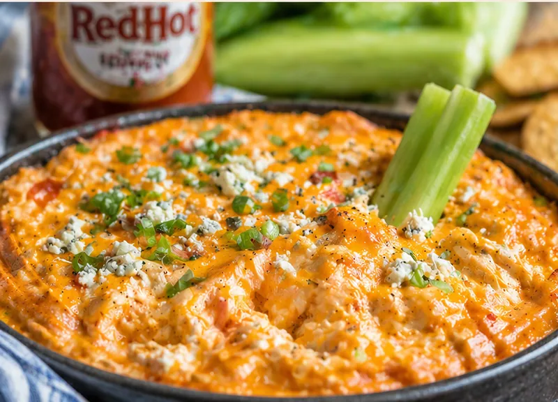 Easy Buffalo Chicken Dip with Frank's RedHot, ready to serve