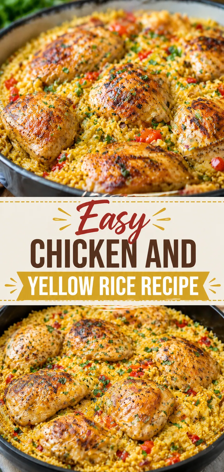 Pinterest image for Easy Chicken And Yellow Rice Recipe, with two photos of the recipe