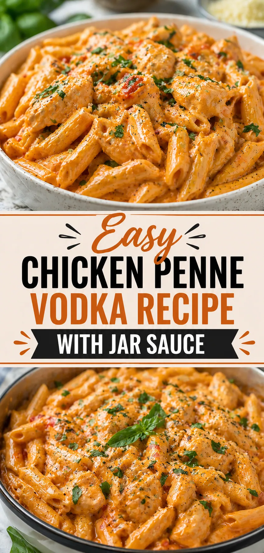 Pinterest image for Easy Chicken Penne Vodka Recipe With Jar Sauce, with two photos of the recipe