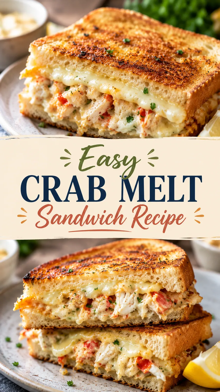Pinterest image for Easy Crab Melt Sandwich Recipe, with two photos of the recipe