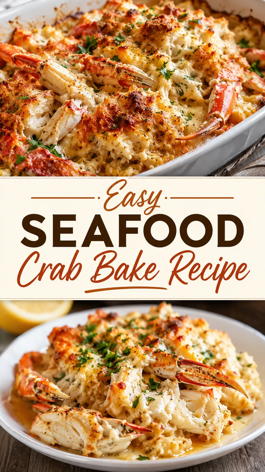 Pinterest image for Easy Seafood Crab Bake Recipe, with two photos of the recipe