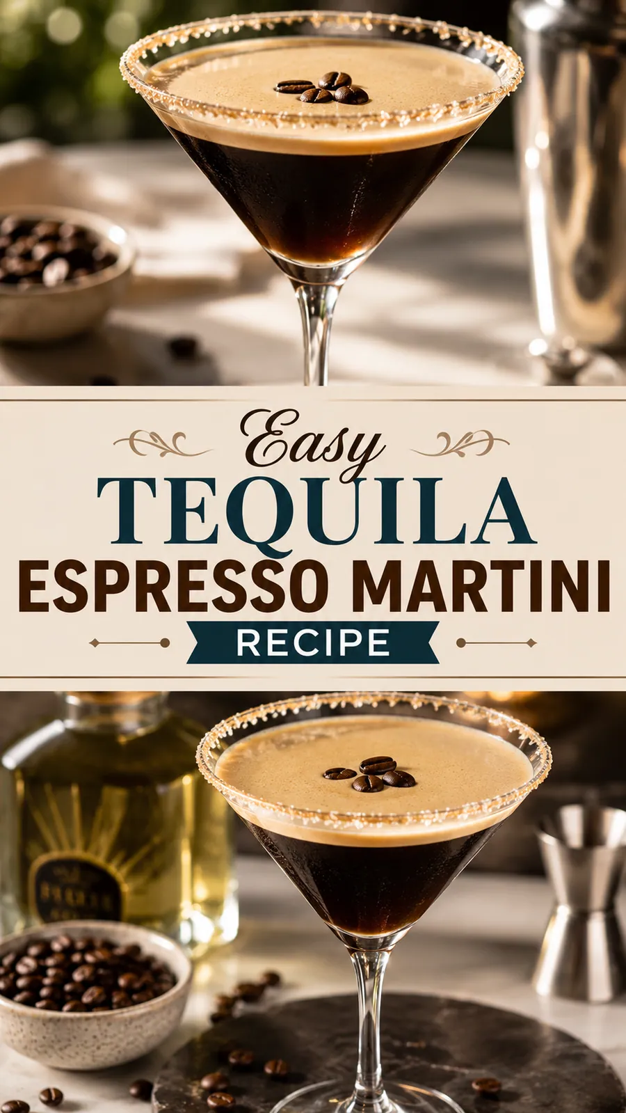 Pinterest image for Easy Tequila Espresso Martini Recipe, with two photos of the recipe