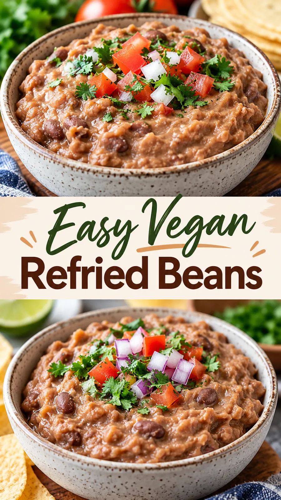Pinterest image for Easy Vegan Refried Beans Recipe, with two photos of the recipe